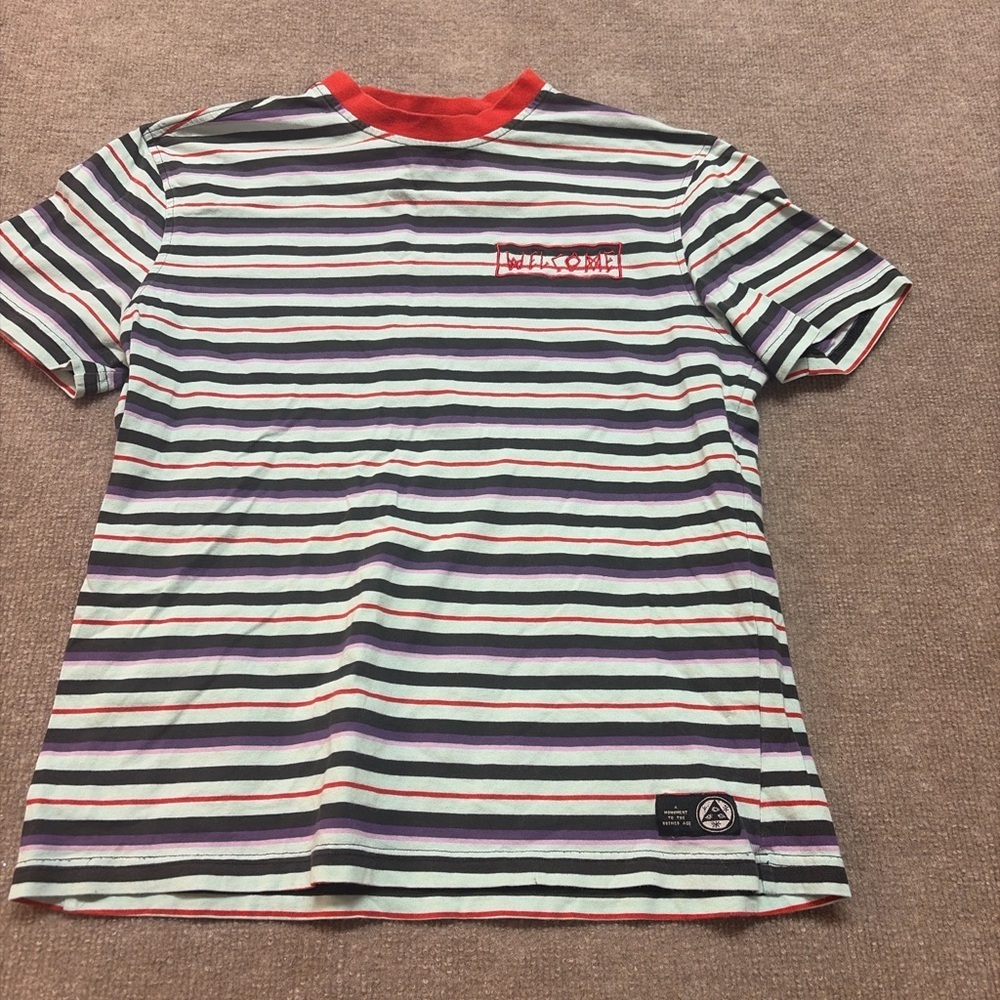 Welcome Skateboards Striped T Shirt Red Collar Graphic Medium Streetwear 0751